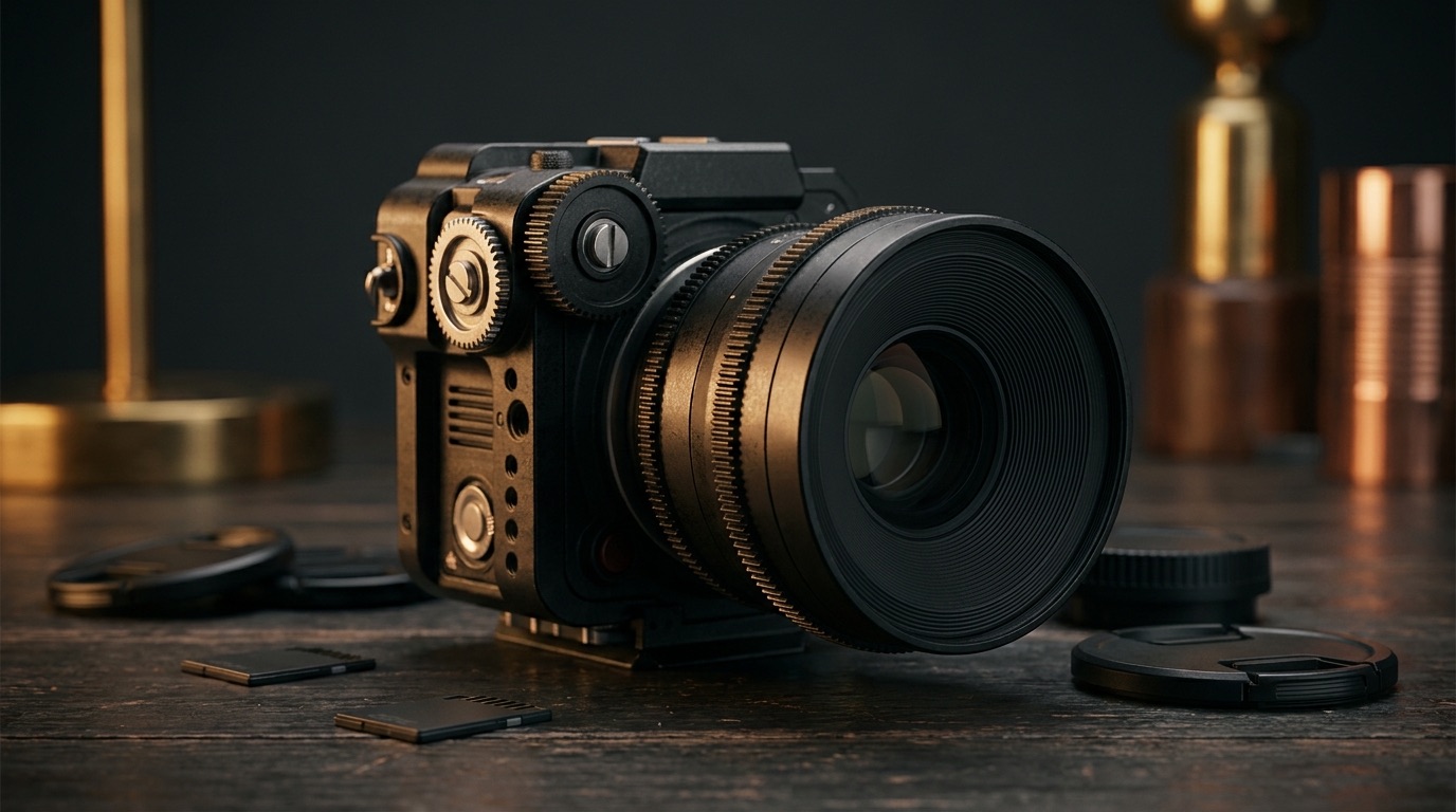 Professional cinema camera with prime lens on dark wood