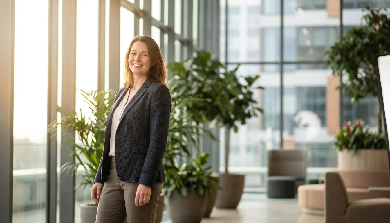 Environmental corporate portrait of a professional standing in a modern office lobby with soft daylight