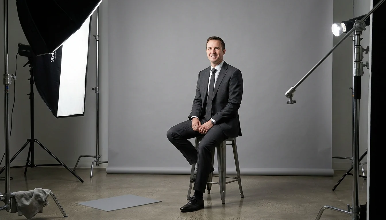 Corporate headshot session in progress on a grey seamless backdrop with softbox key light and rim light