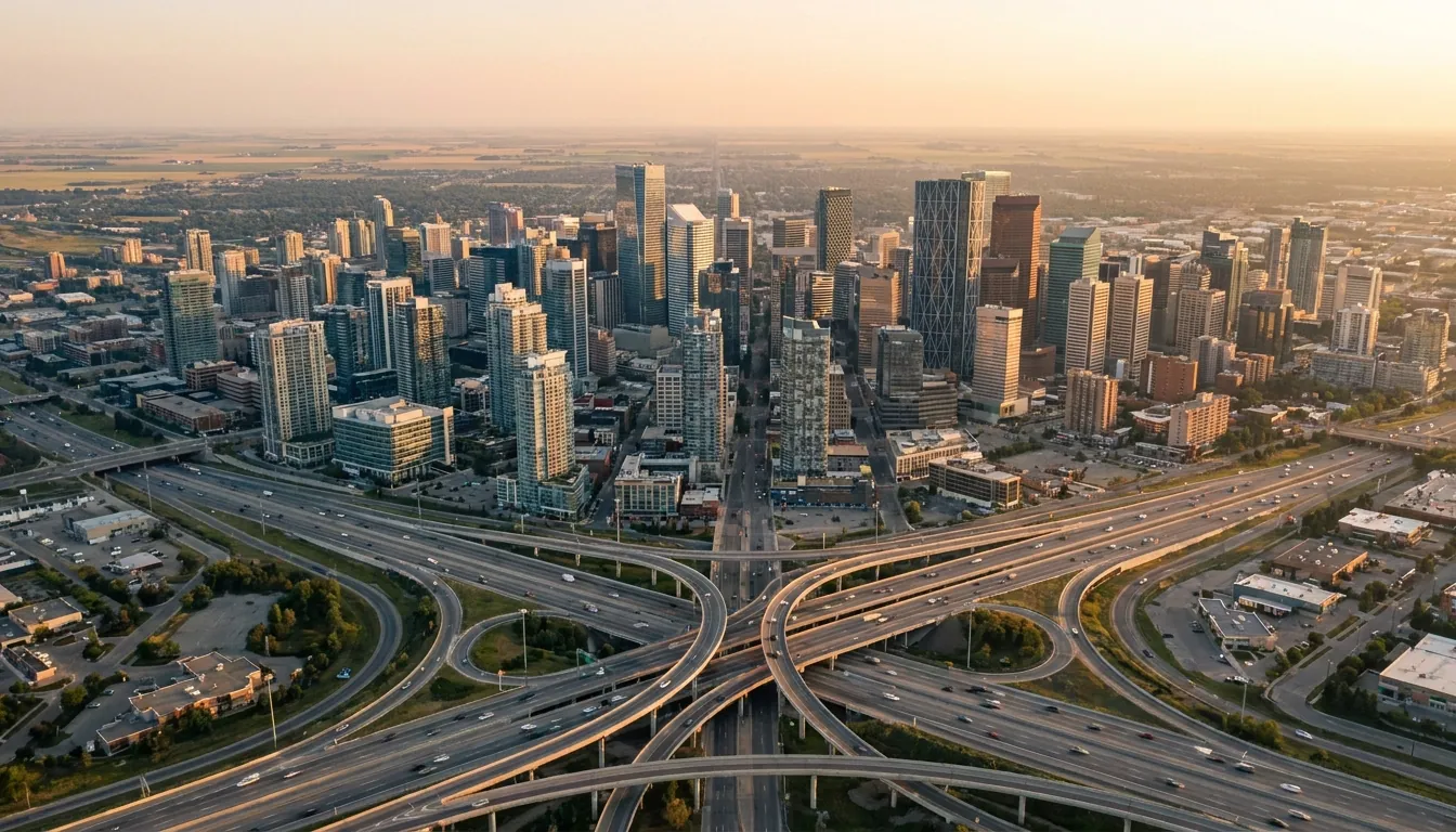 Aerial drone view over a modern city skyline at golden hour with a freeway interchange in the foreground, illustrating Dallas aerial videography
