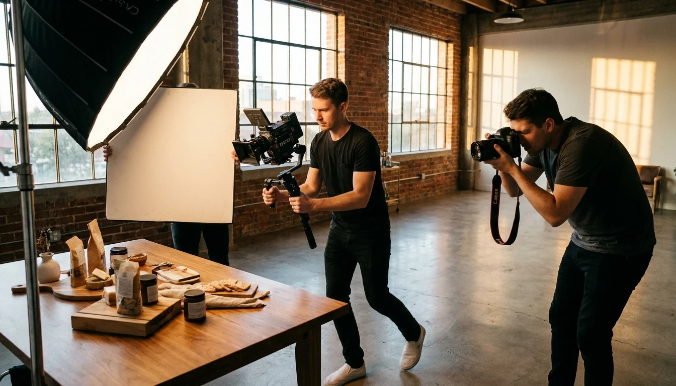Small production crew shooting photo and video of a styled product set during a Dallas content day