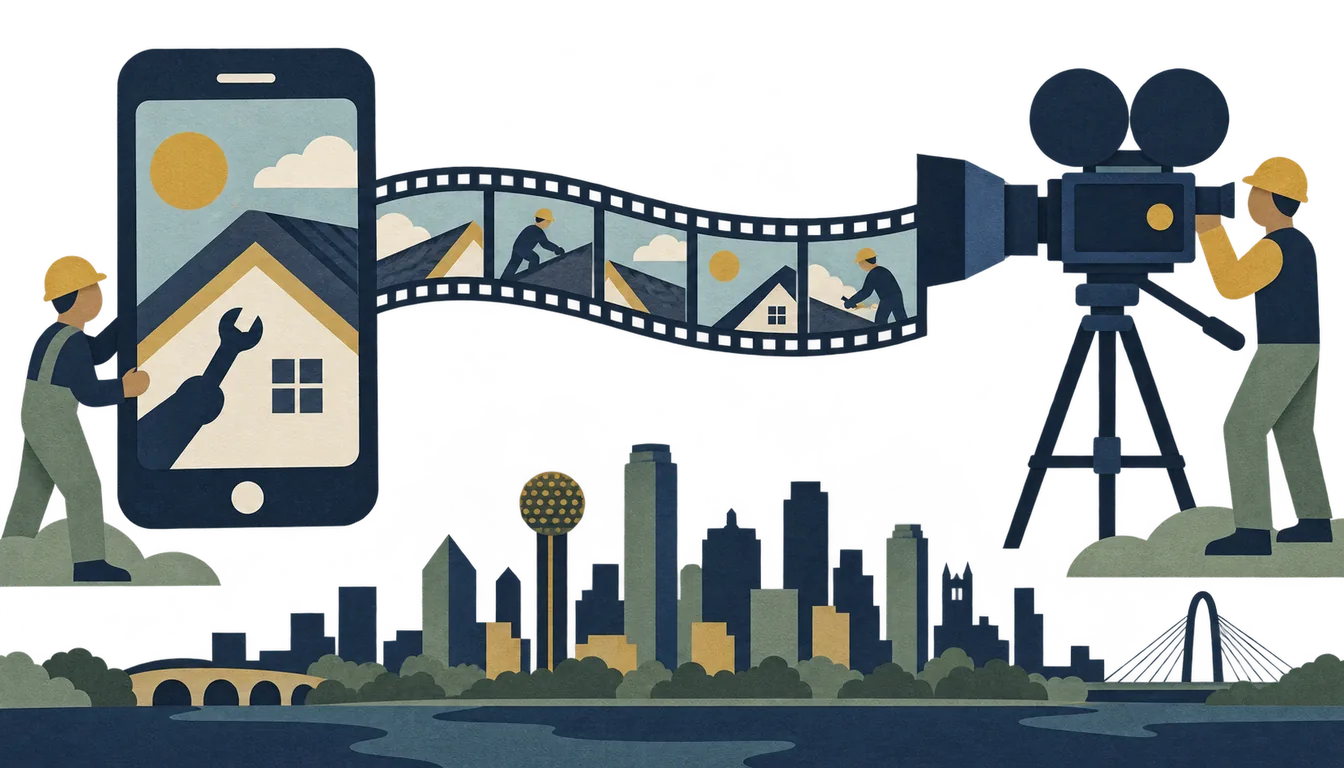 Paper-cut illustration of a smartphone and professional camera connected by a filmstrip over a Dallas skyline