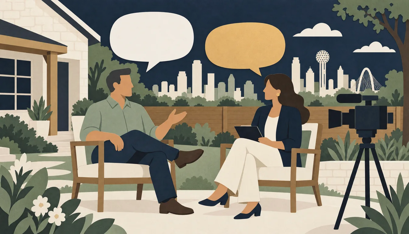 Cartoon paper-cut illustration of a homeowner and interviewer with a camera, speech bubbles and Dallas skyline