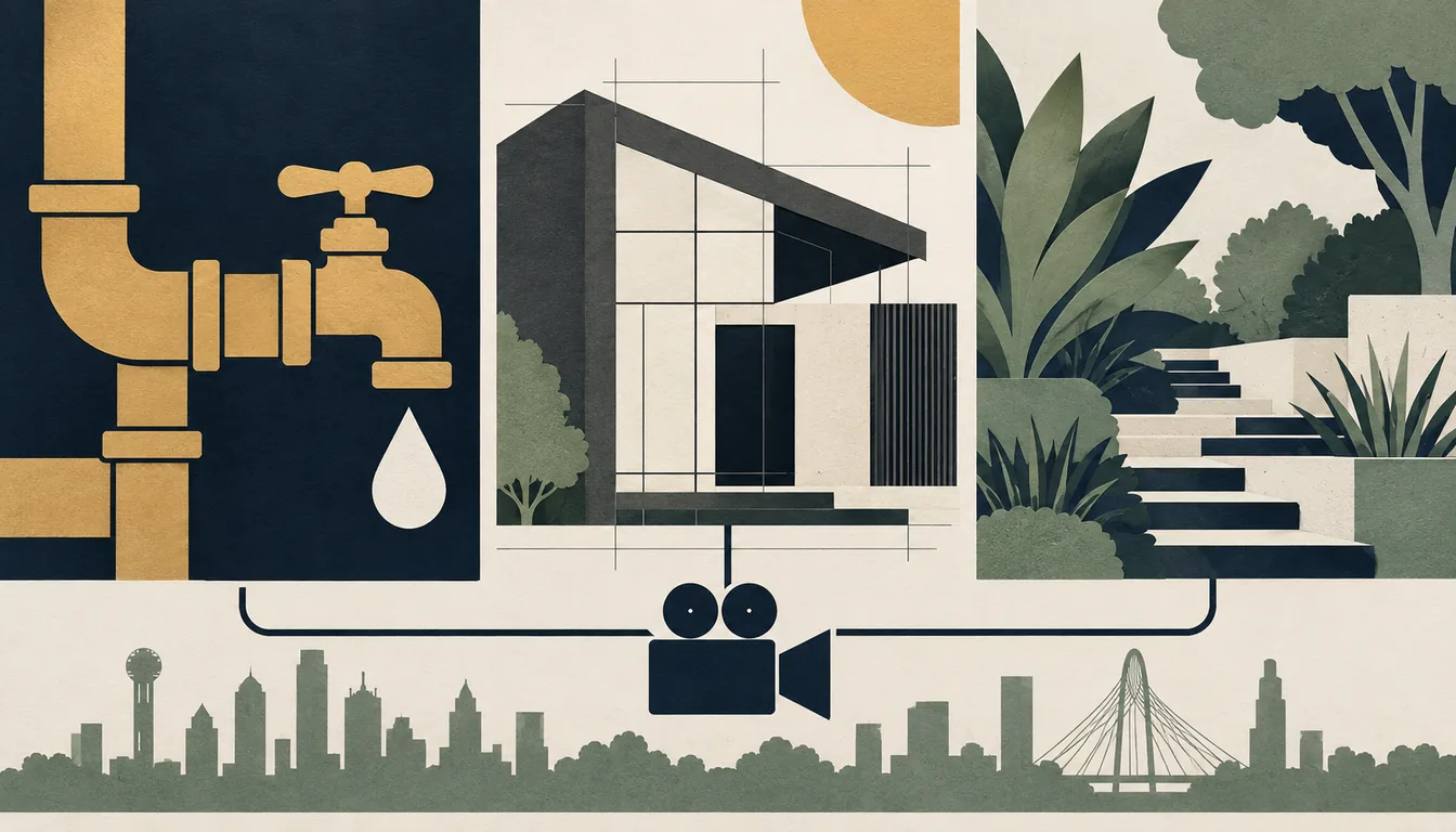 AI-created magazine-style paper collage of plumbing, architecture, landscaping and a video camera