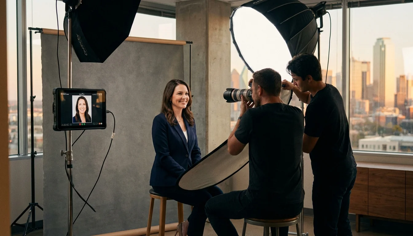 Corporate headshot session set up in a modern Dallas office with softbox lighting and a grey backdrop