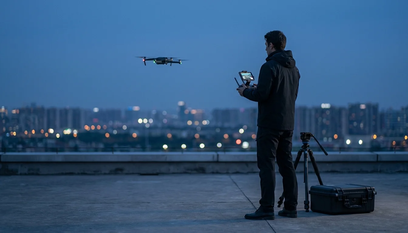 Drone pilot on a rooftop at blue hour operating a quadcopter with a controller during a commercial aerial shoot