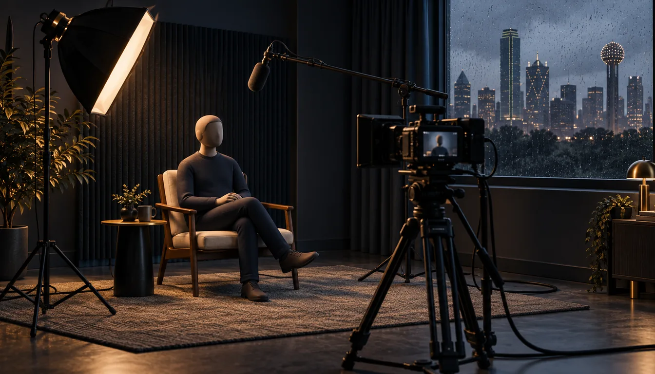 AI conceptual illustration of an indoor interview with a softbox, camera and boom microphone while rain falls outside