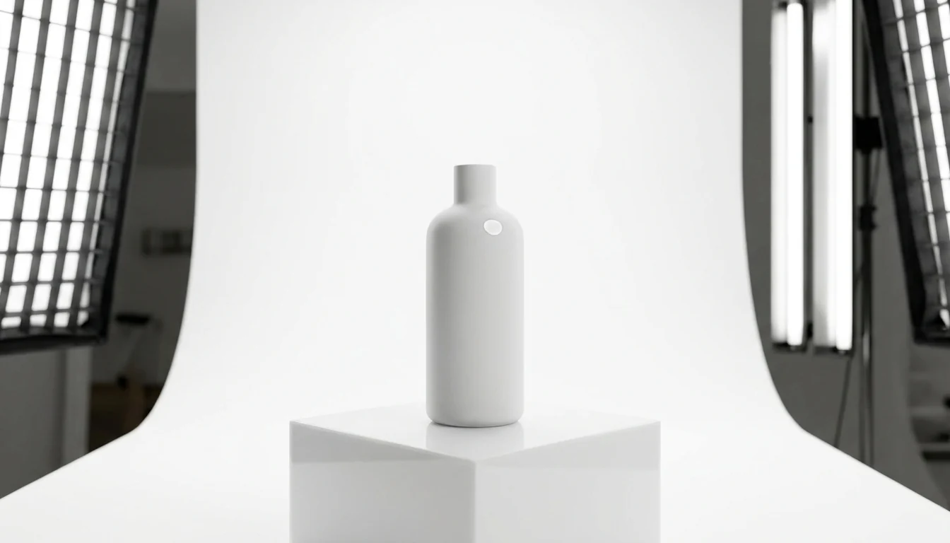 Product photography studio with a seamless white sweep and softbox lighting used for Dallas e-commerce product shoots