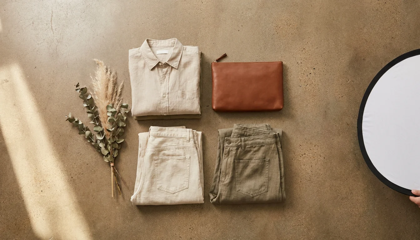 Overhead flat-lay styling setup with folded garments and props under controlled light, a Dallas lifestyle product photography setup