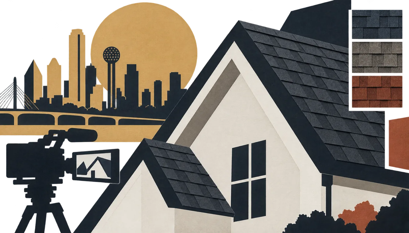AI-created magazine-style paper collage of a roof, Dallas skyline and video camera