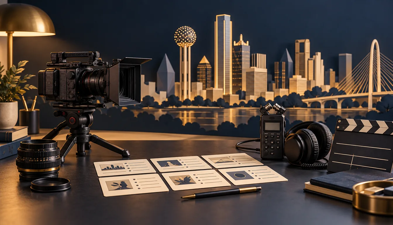 AI editorial illustration of a cinema camera, audio recorder and shot-list cards in front of a miniature Dallas skyline