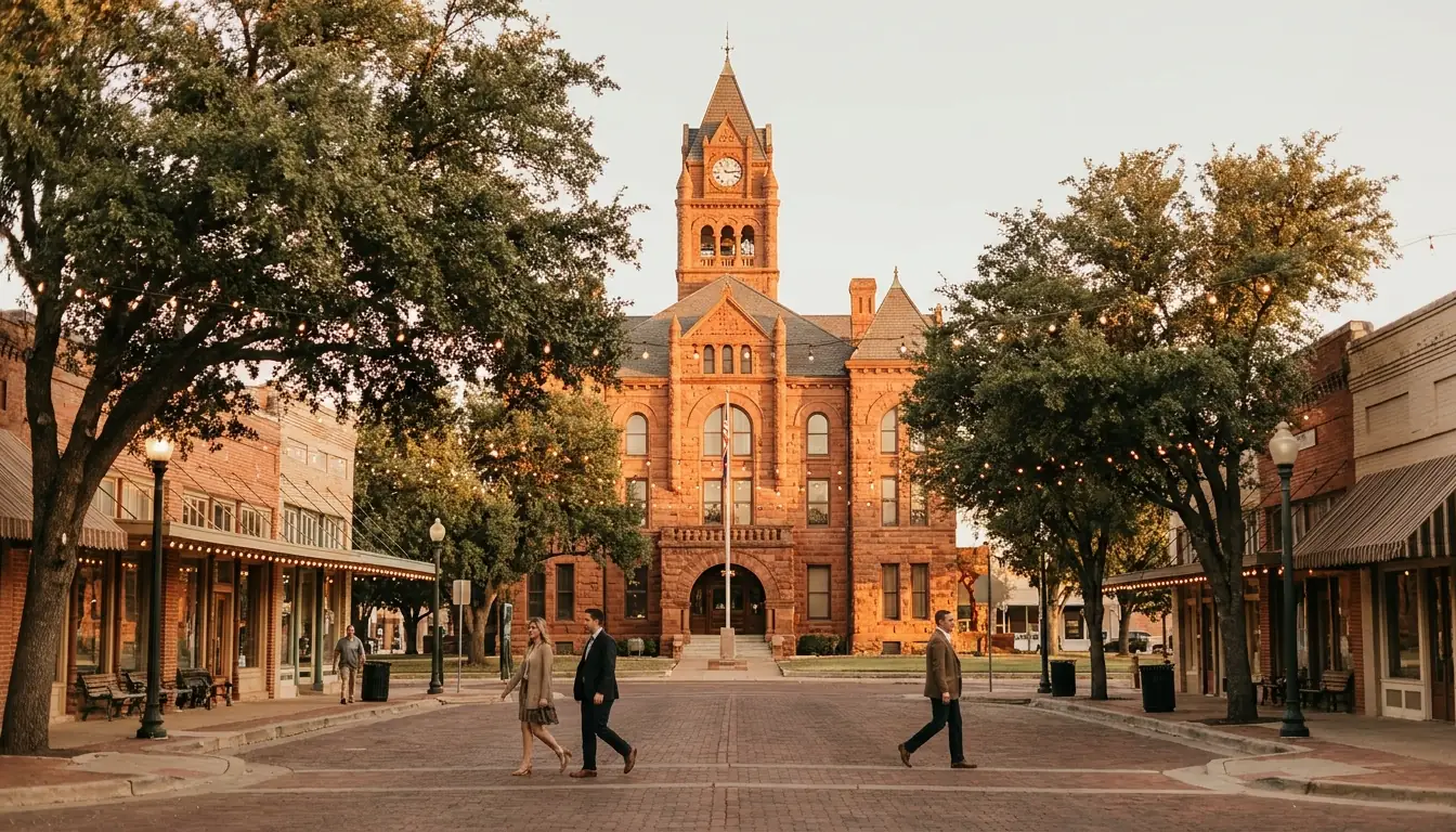 Historic Texas county courthouse square with brick storefronts at golden hour, the kind of location used for Denton video production