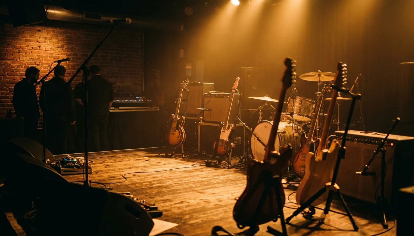 Small live music venue during soundcheck with warm stage lighting, typical of a Denton music video shoot