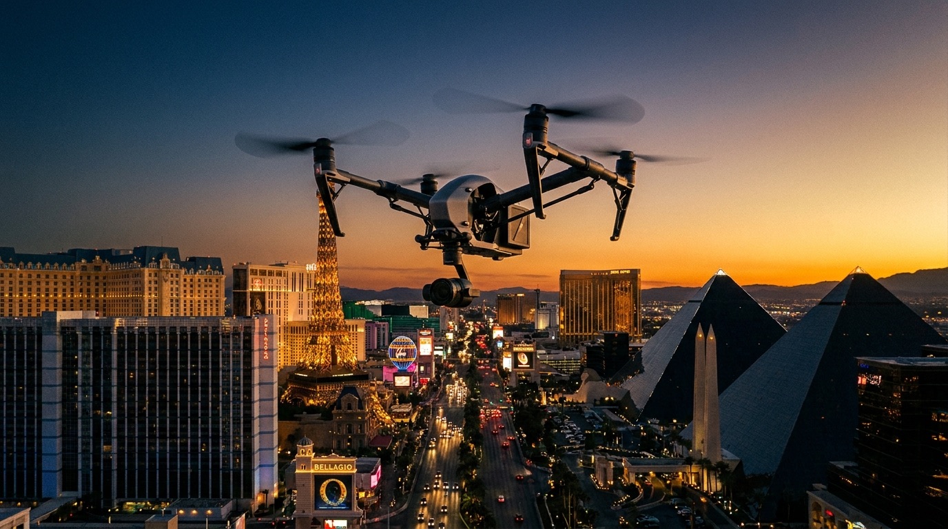 Cinema drone over the Las Vegas Strip at sunset
