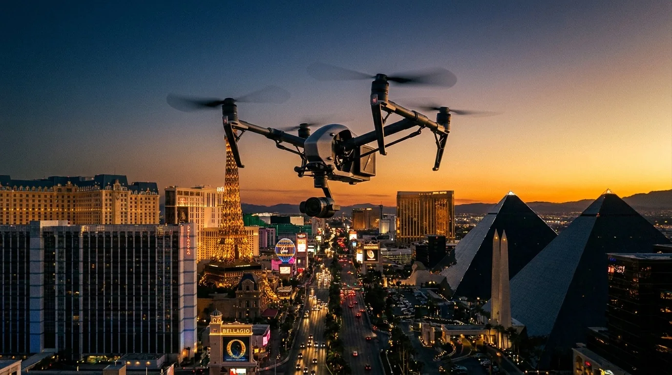 Cinema drone flying over the Las Vegas Strip at sunset