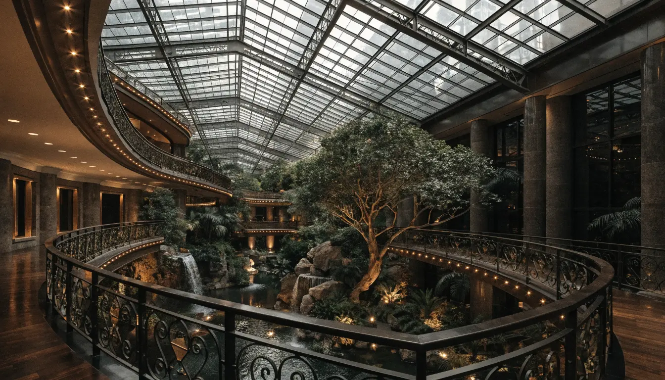 Grand resort hotel atrium with glass roof and indoor gardens, Grapevine Texas
