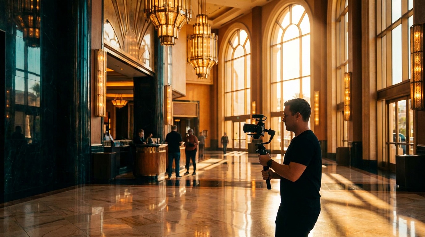 Luxury Las Vegas hotel lobby at golden hour