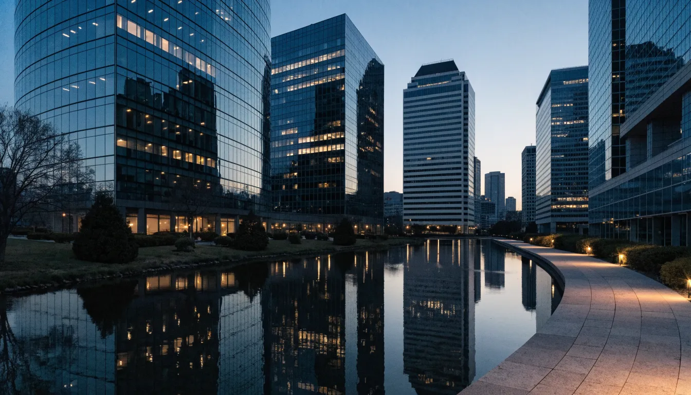 Las Colinas urban center in Irving, Texas at dusk with modern towers along the canal