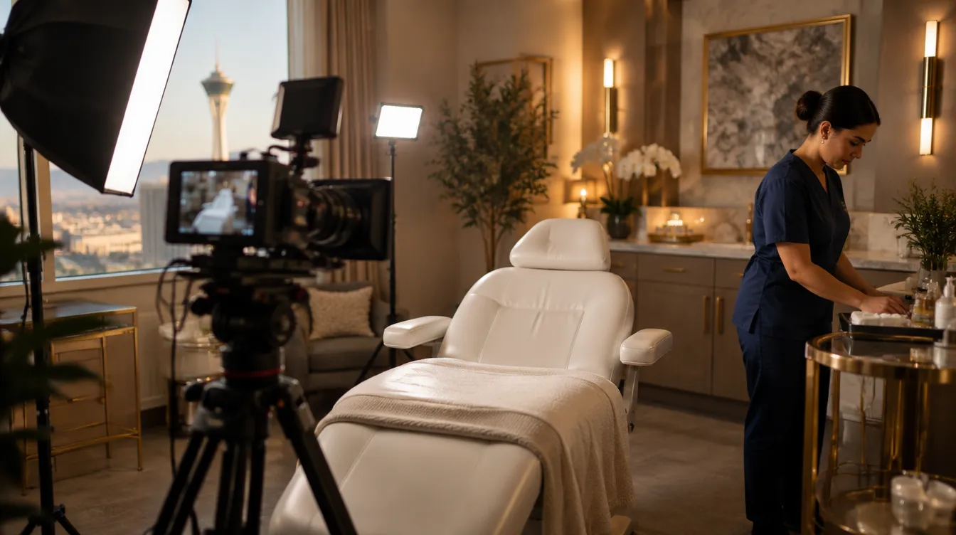 Illustrative image of a video shoot inside a modern Las Vegas med spa treatment room