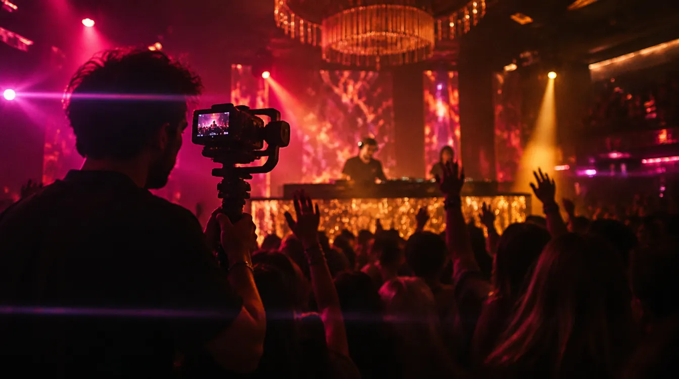 Illustrative image of a videographer filming a DJ booth inside a Las Vegas nightclub