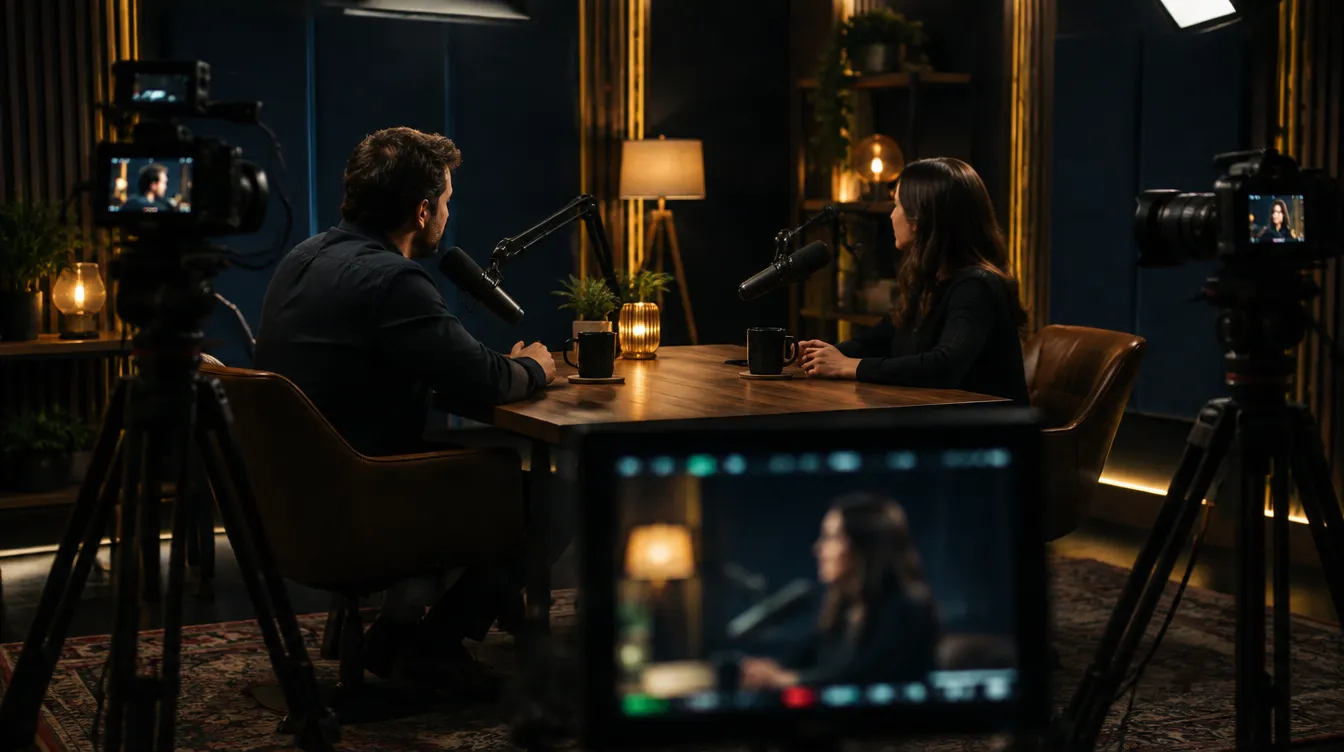 Illustrative image of a multi camera video podcast set with hosts, microphones and cinema cameras