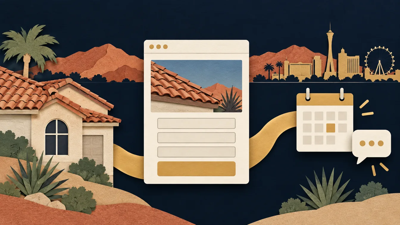 Editorial paper collage connecting a Las Vegas roof to a website inquiry form and appointment calendar