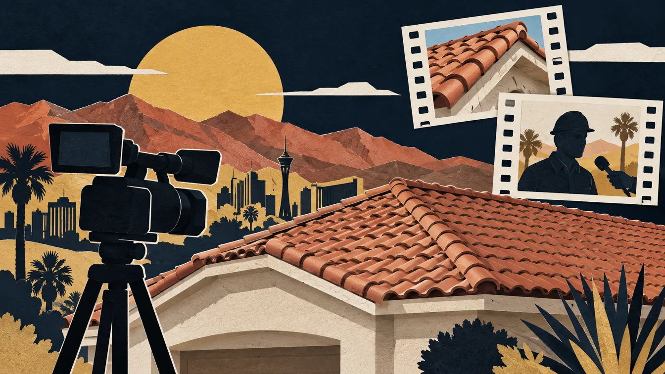 Editorial paper collage of a Las Vegas roof, video camera and contractor interview frames