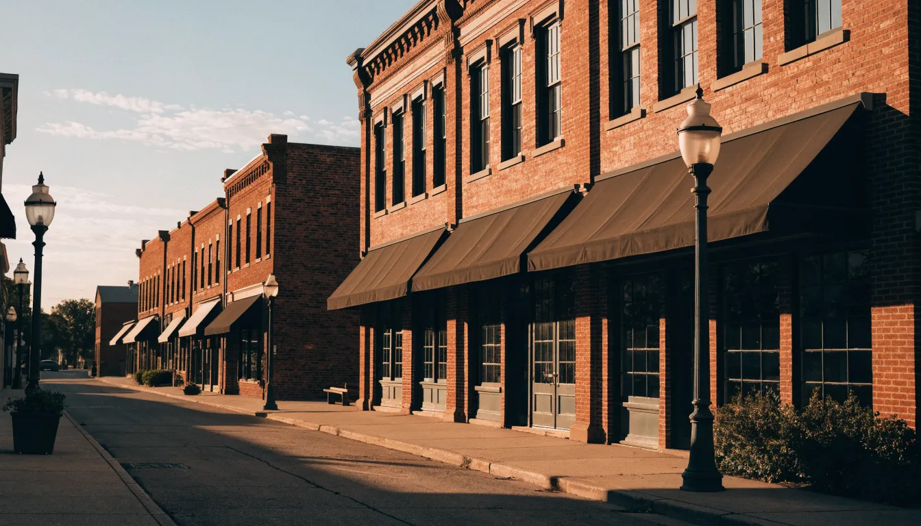 Historic downtown square with restored brick storefronts at golden hour in McKinney, Texas