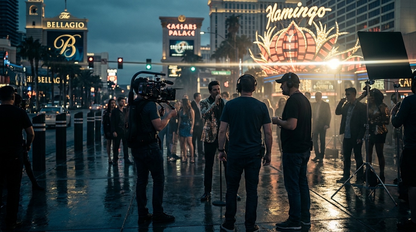 Music video shoot on the Las Vegas Strip at twilight