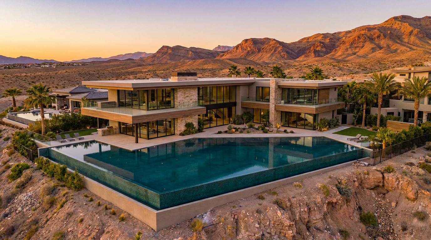Aerial view of a luxury Las Vegas property at golden hour