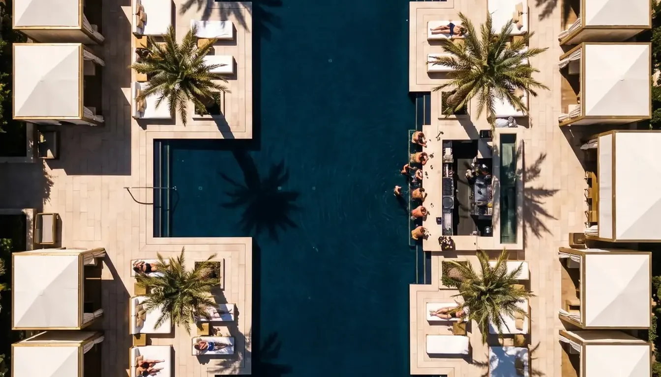 Top-down aerial photograph of a resort pool deck lined with cabanas and palm trees, shot under FAA Part 107 authorization