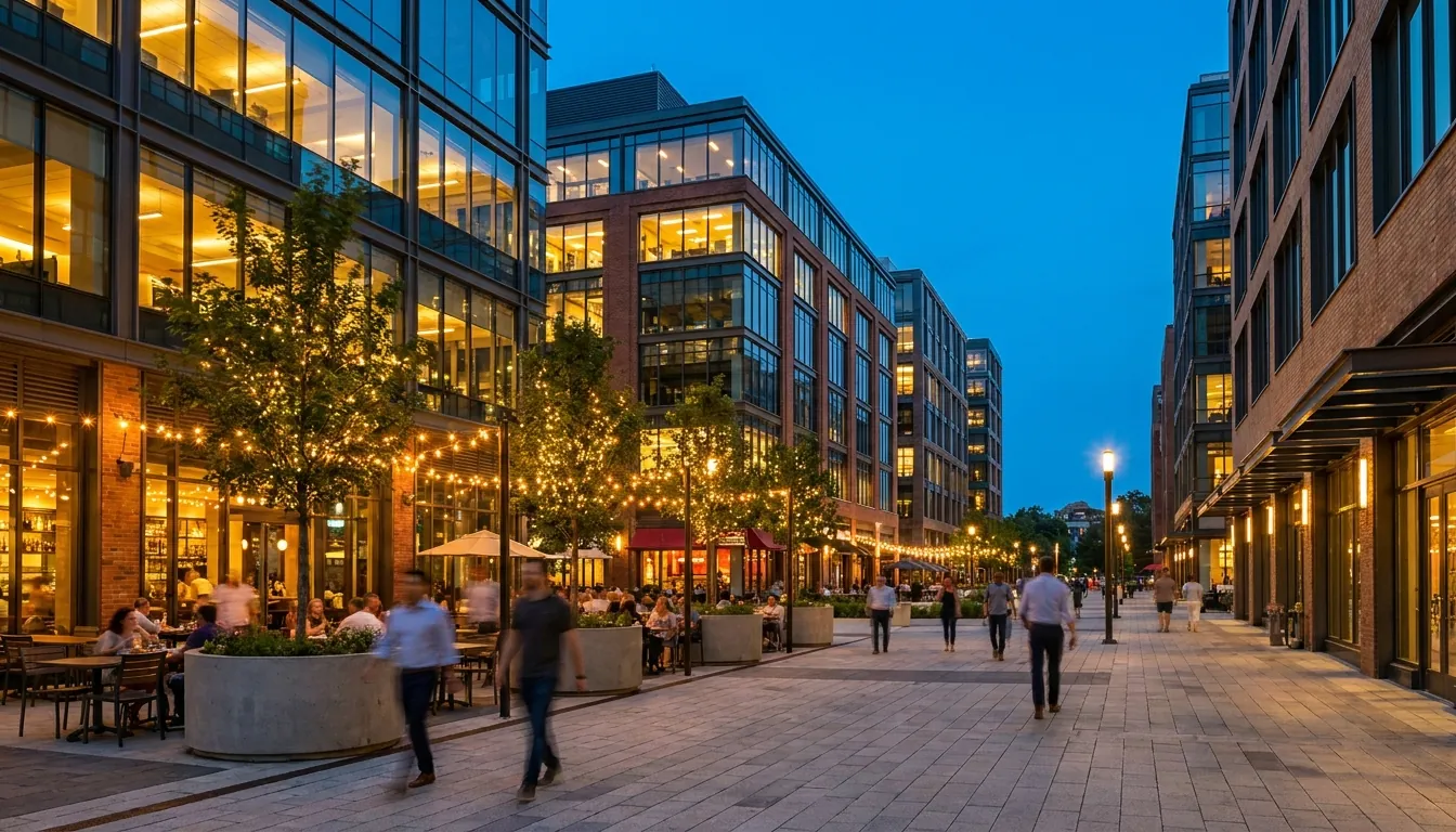 Modern mixed-use plaza with contemporary architecture in the evening, a common Richardson exterior filming location