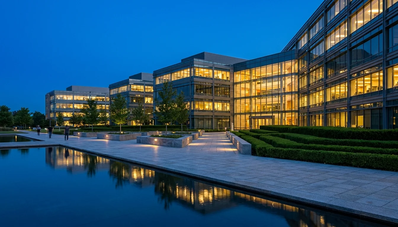 Suburban corporate office campus with glass facades at dusk, the kind of Telecom Corridor location used for Richardson video production