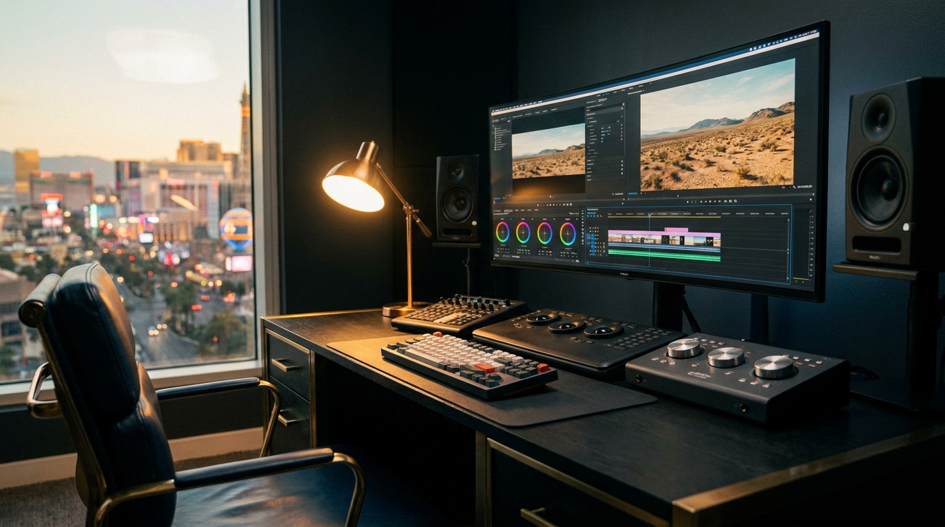 Video editor's workstation overlooking the Las Vegas Strip