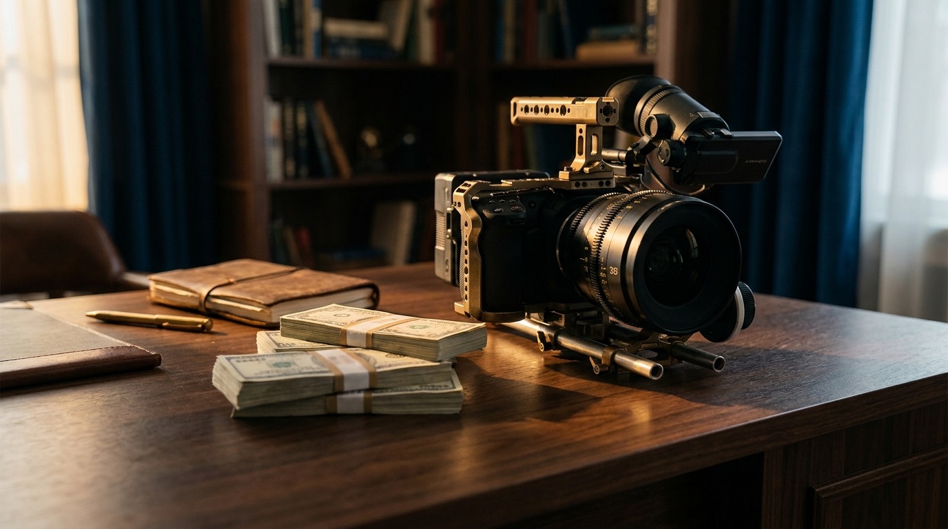 Cinematic still with cinema camera and currency