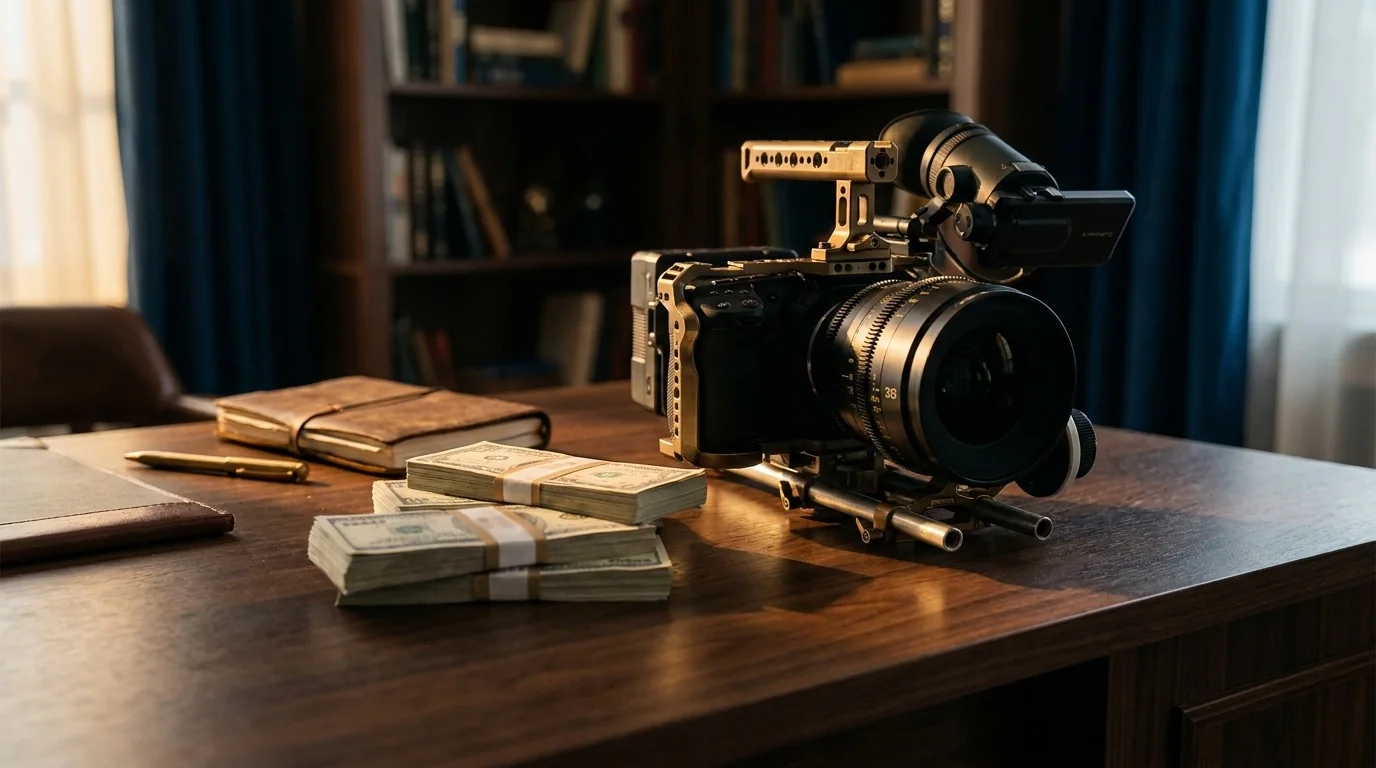 Cinematic still of cinema camera next to currency