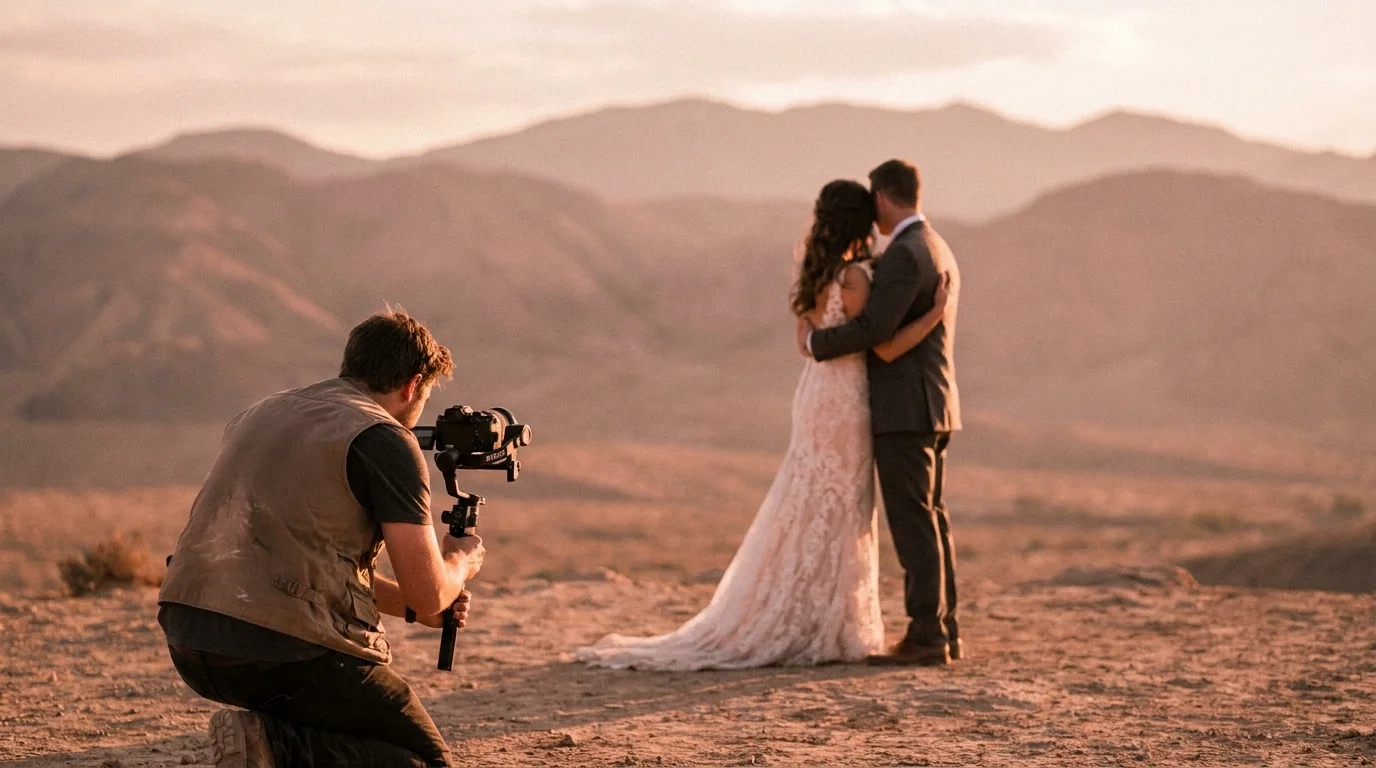 Wedding videographer capturing a Las Vegas couple at golden hour