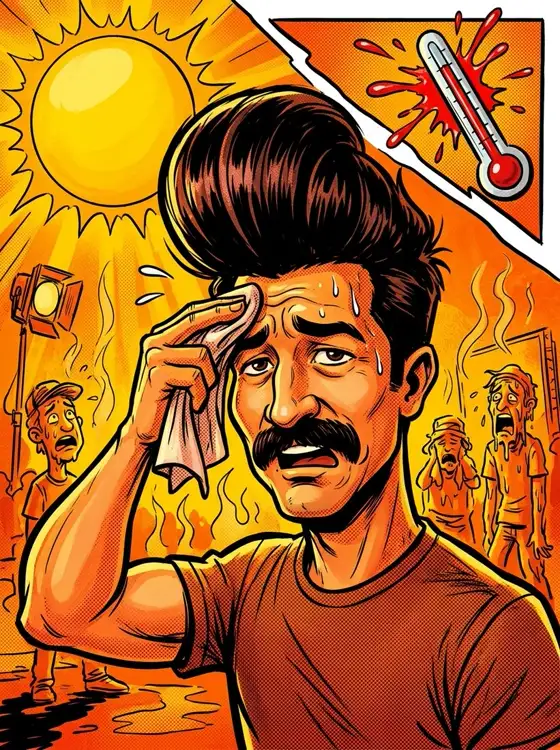 Comic panel: a sweating film crew member on a blazing hot set, thermometer bursting