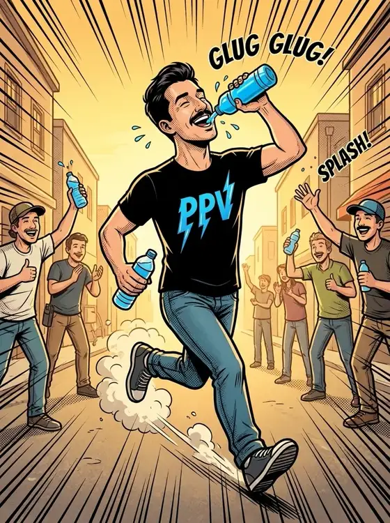 Comic panel: grabbing bottled water to stay hydrated on set