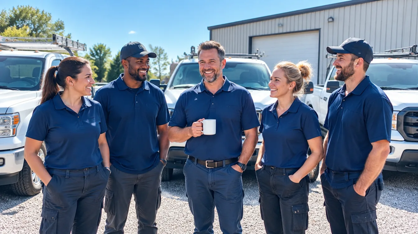 Illustrative image of a smiling home services crew in front of their work trucks