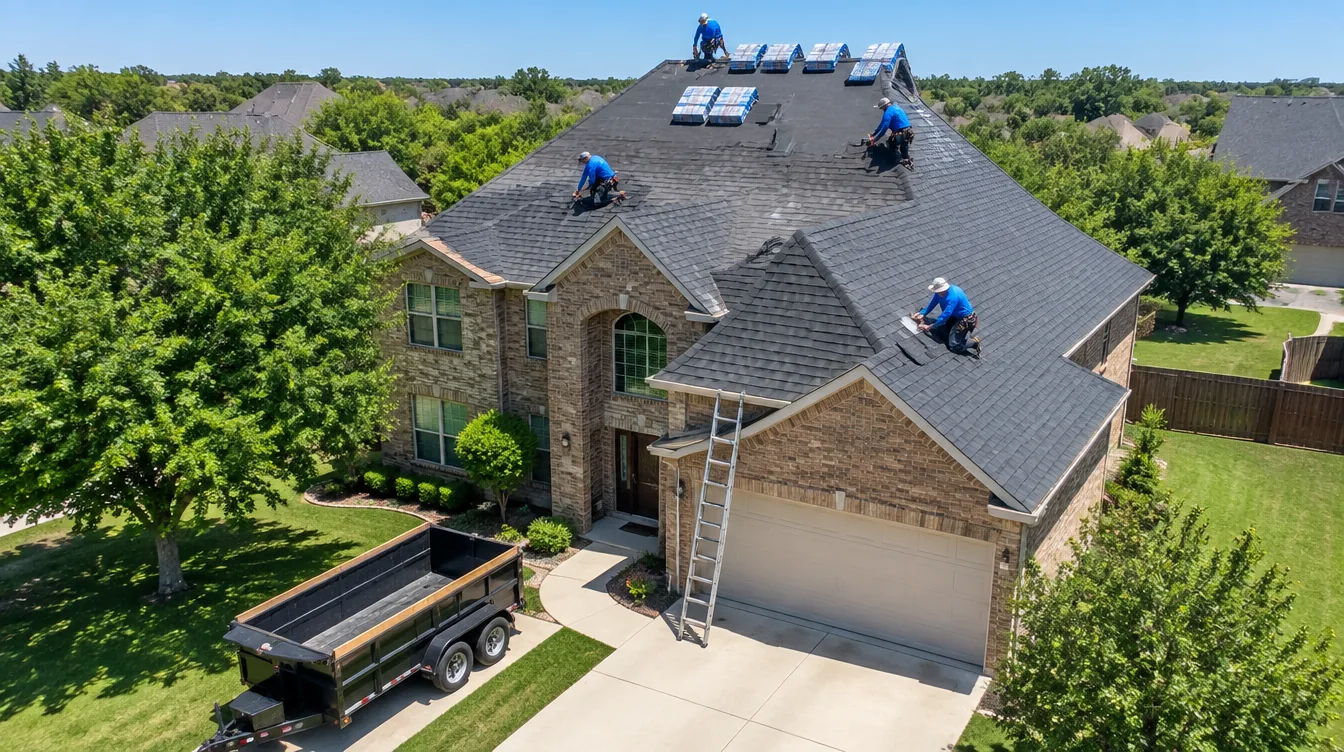 Illustrative drone image of a roofing crew replacing shingles on a Dallas area home