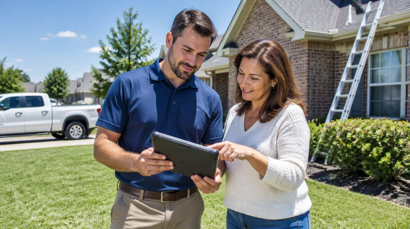 Illustrative image of a roofing estimator showing a homeowner roof photos on a tablet