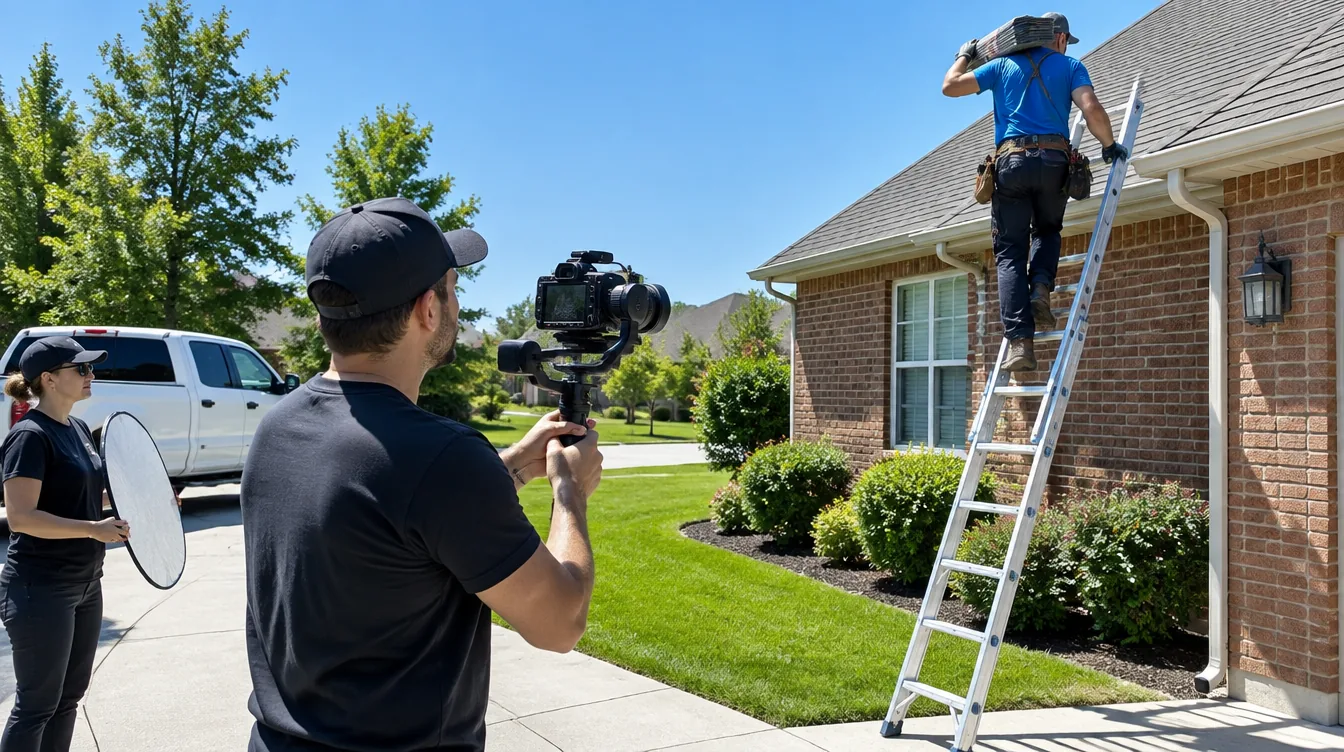 Illustrative image of a video crew filming a roofer climbing a ladder at a Dallas area home