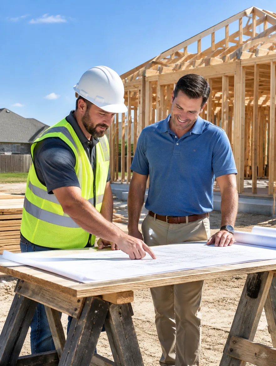 Illustrative image of a general contractor reviewing plans with a client on a job site