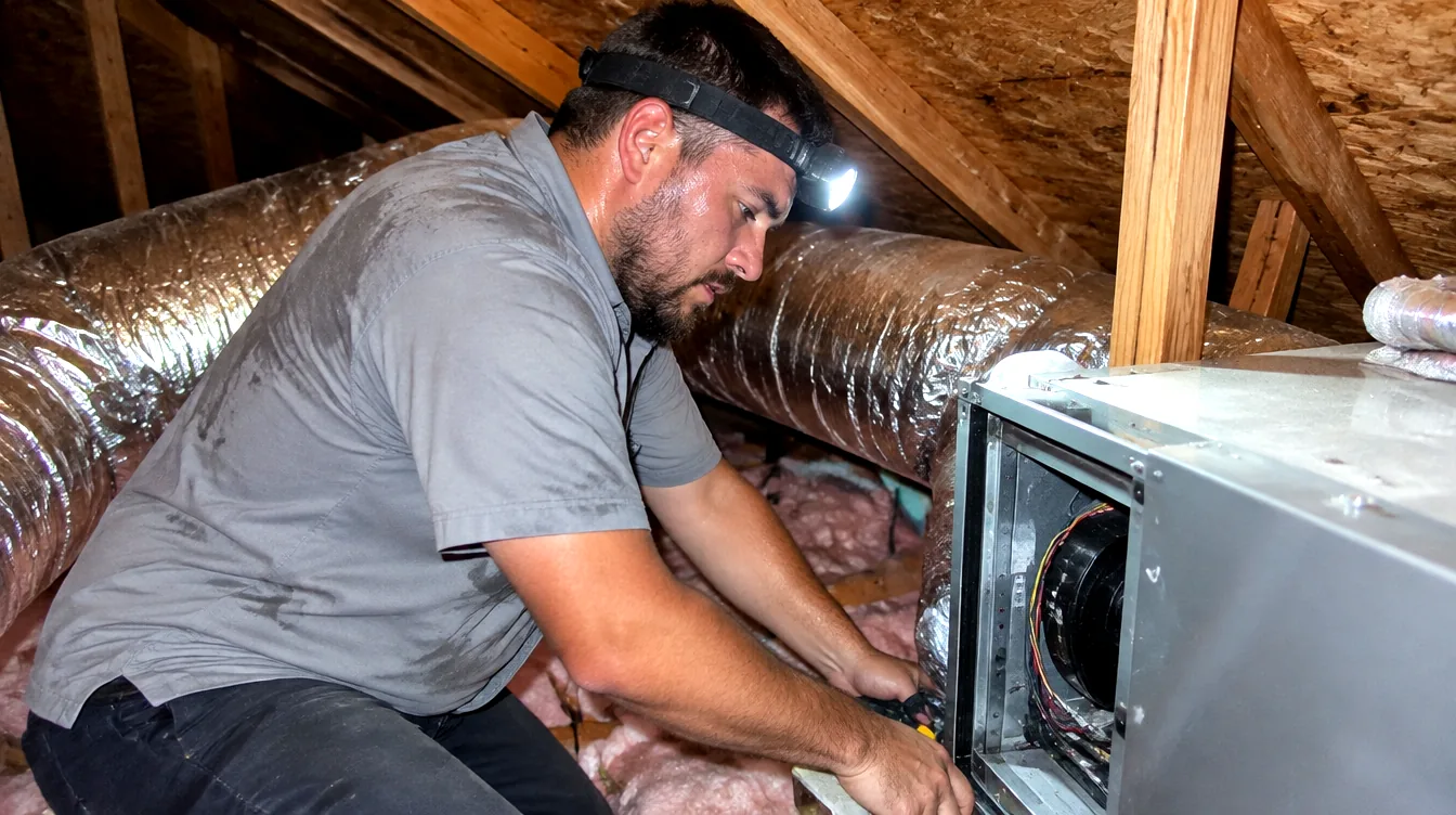 Illustrative image of an HVAC technician replacing equipment in a Texas attic