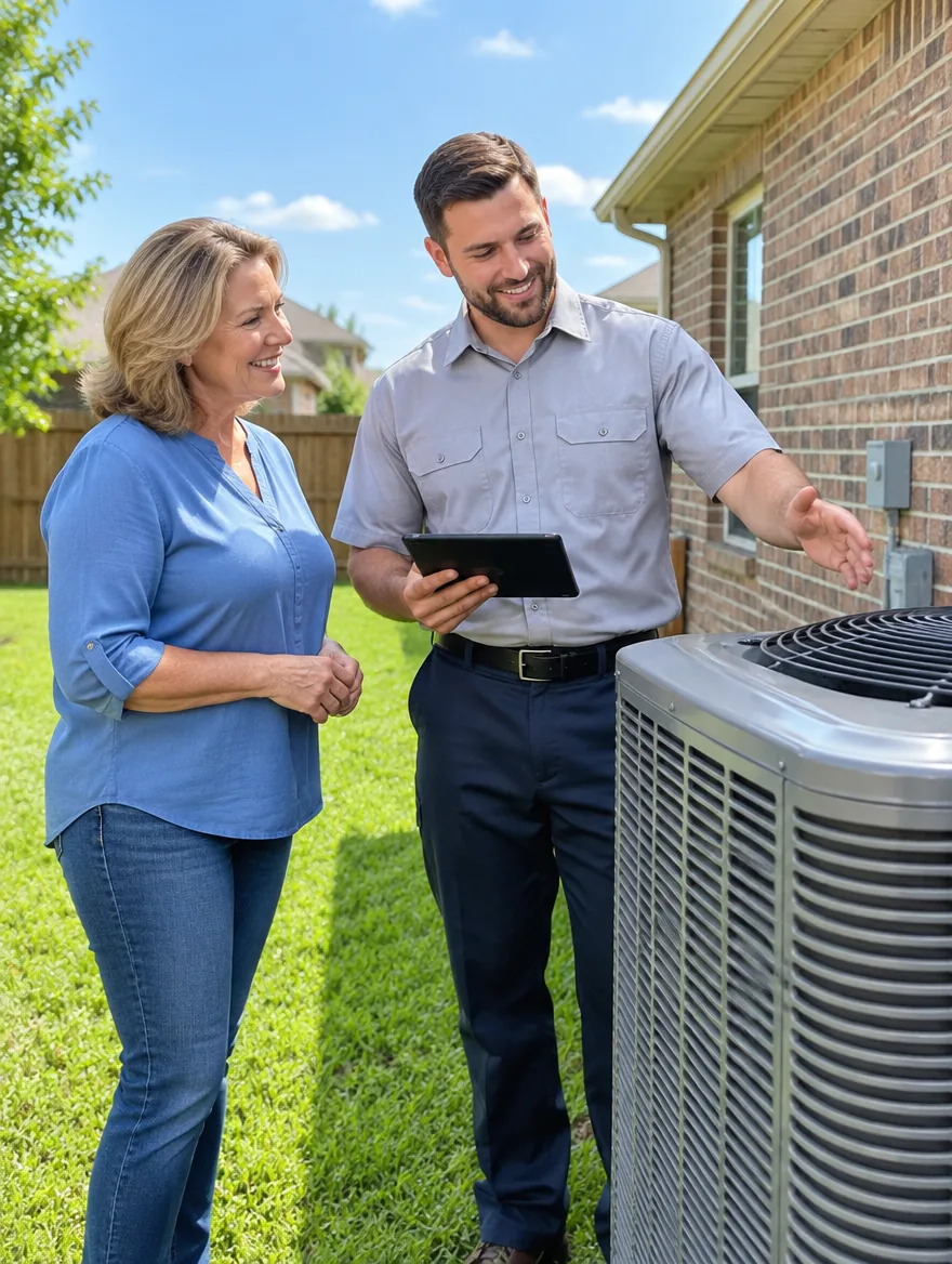 Illustrative image of an HVAC technician explaining a new AC unit to a homeowner