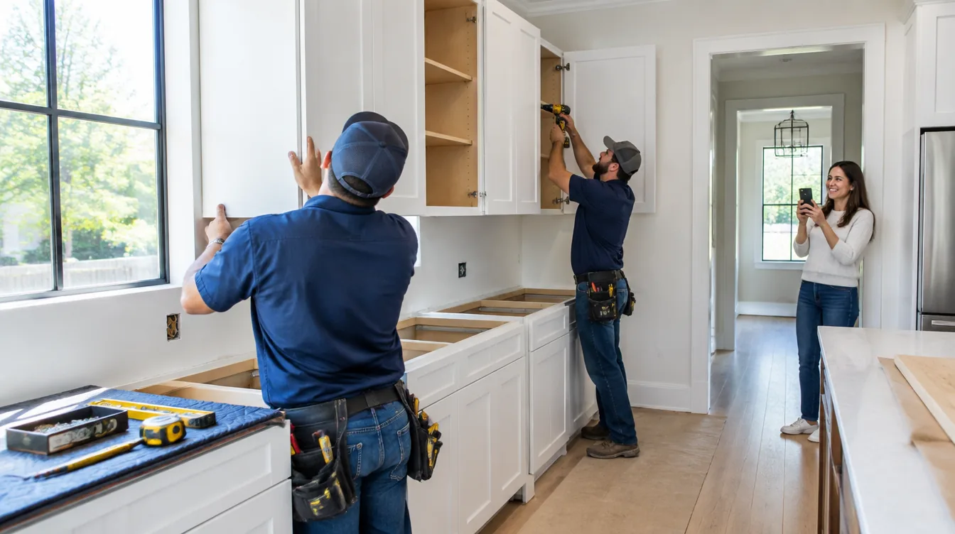 Illustrative image of a remodeling crew installing kitchen cabinets while the homeowner watches