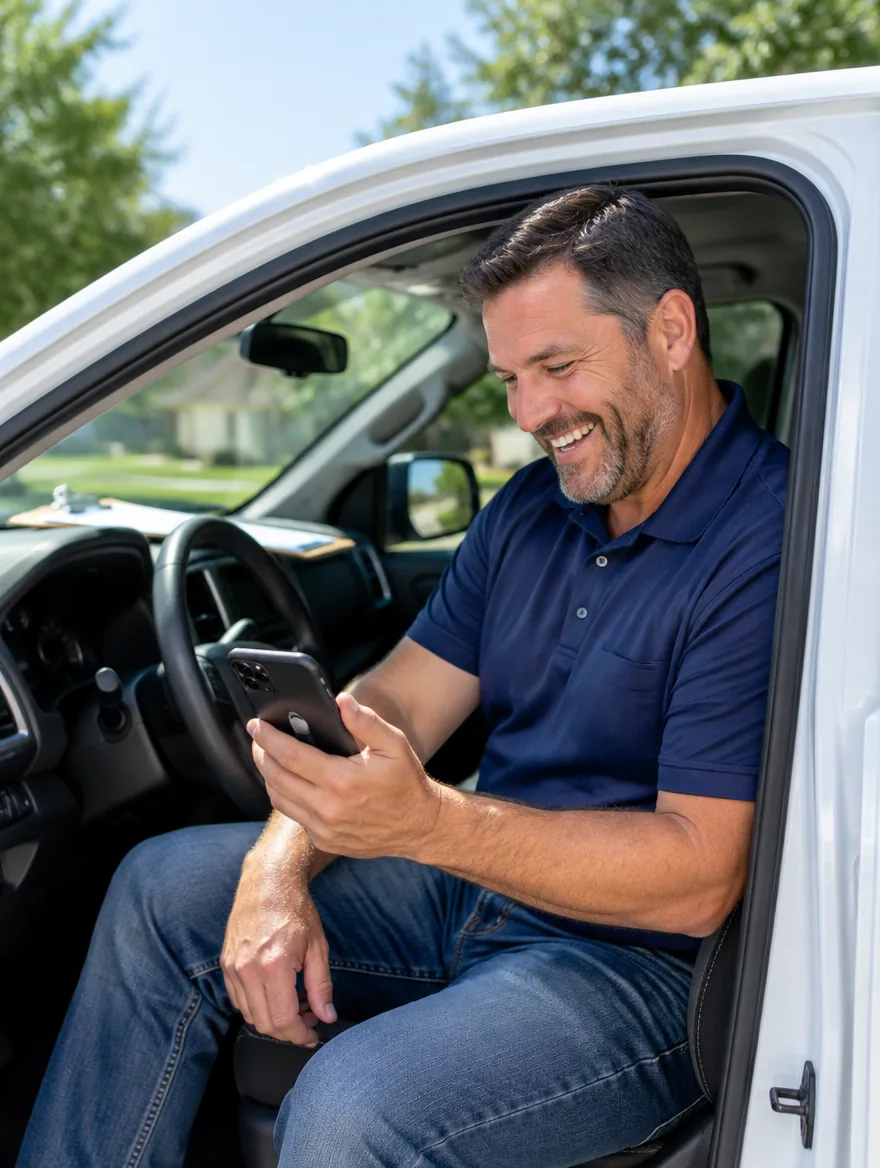 Illustrative image of a roofing company owner laughing at his phone in his truck