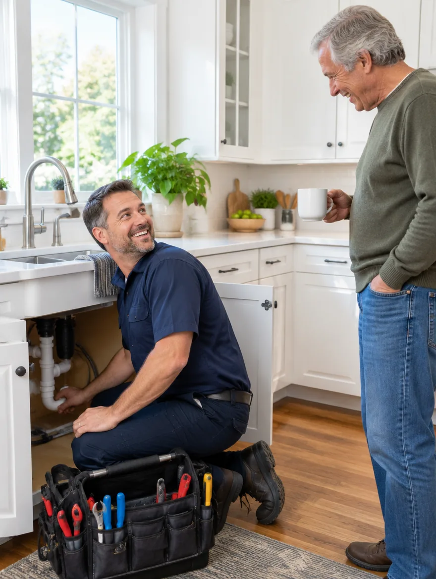 Illustrative image of a plumber working under a kitchen sink talking with the homeowner