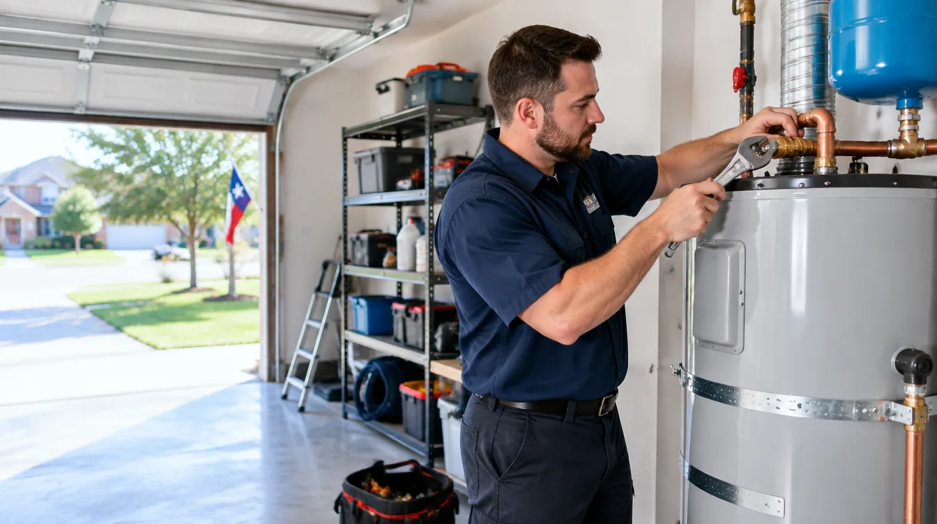 Illustrative image of a plumber installing a new water heater in a garage